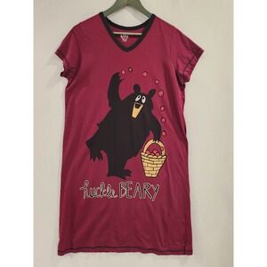 Lazy One Huckle Beary Alaska Nightshirt Burgundy Cotton Sleep Dress Womens S/M